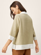 100% Linen Contrast Panel Lapel Sculpted Pleated Pullover Top VICTORIA by LINTICO for women