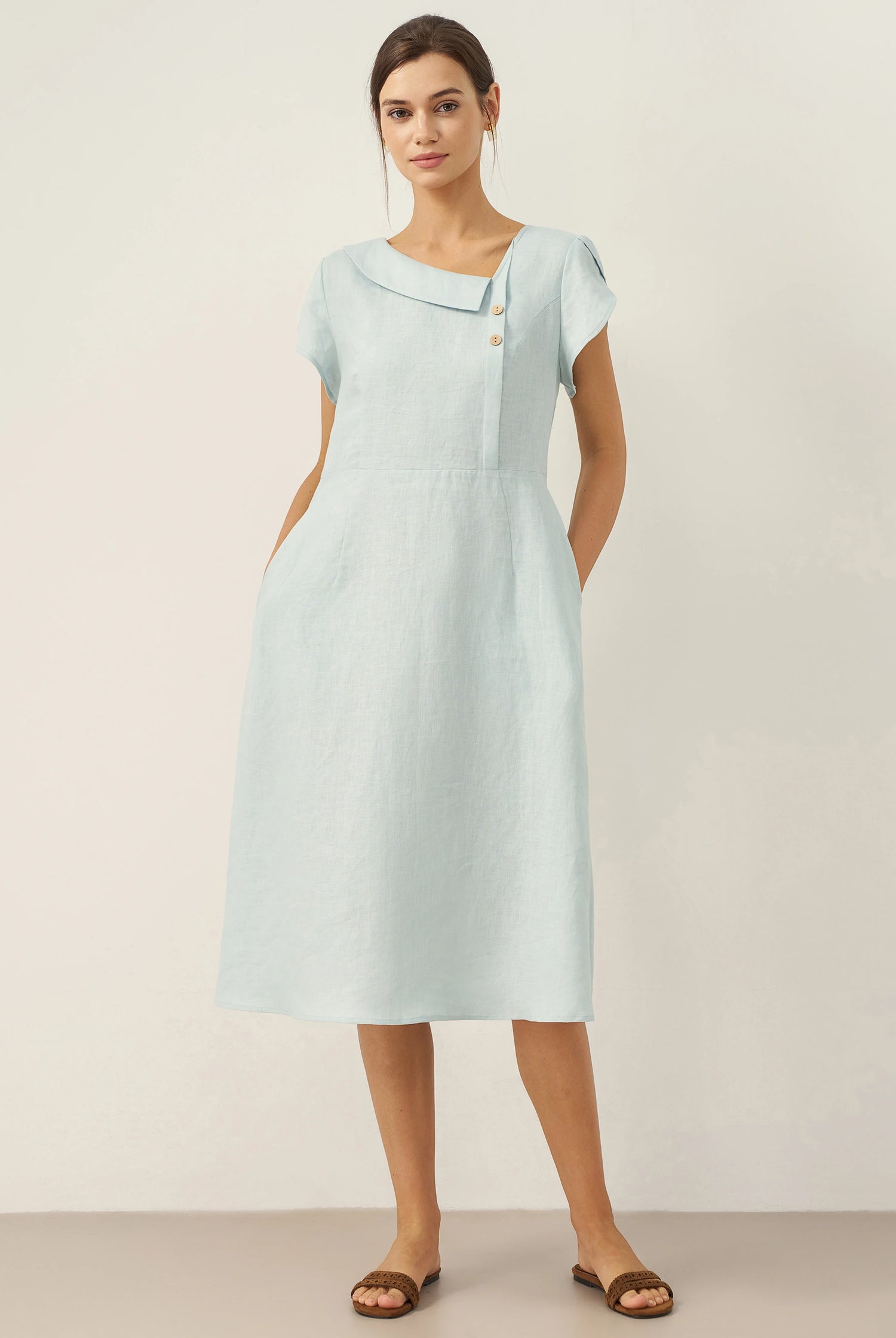 100% Linen Crescent Collar Flutter Sleeve Mini Dress FIONA by LINTICO for women