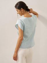 100% Linen Crescent Collar Flutter Sleeve Top FARA by LINTICO for women