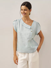 100% Linen Crescent Collar Flutter Sleeve Top FARA by LINTICO for women
