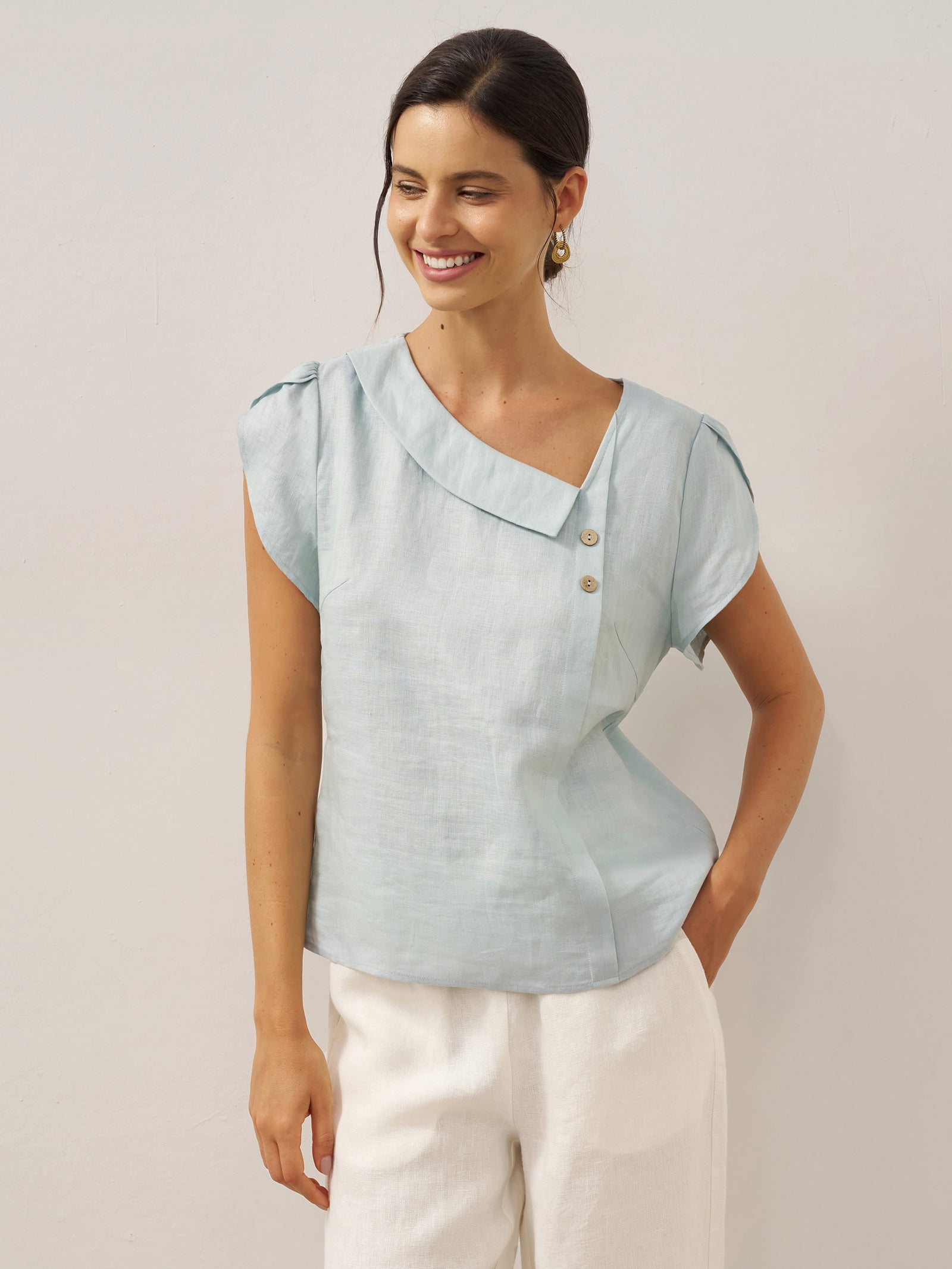 100% Linen Crescent Collar Flutter Sleeve Top FARA by LINTICO for women