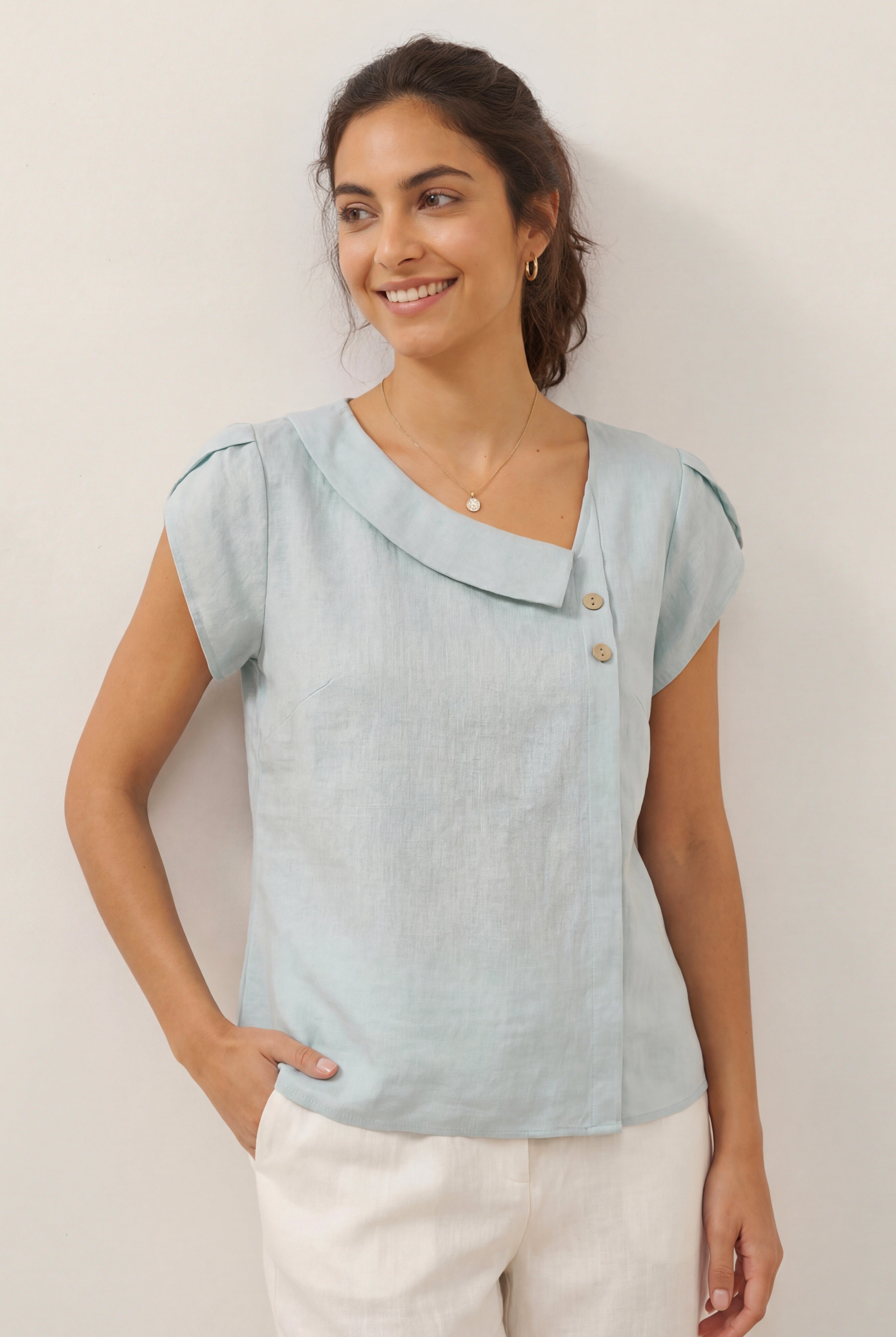 100% Linen Crescent Collar Flutter Sleeve Top FARA by LINTICO for women