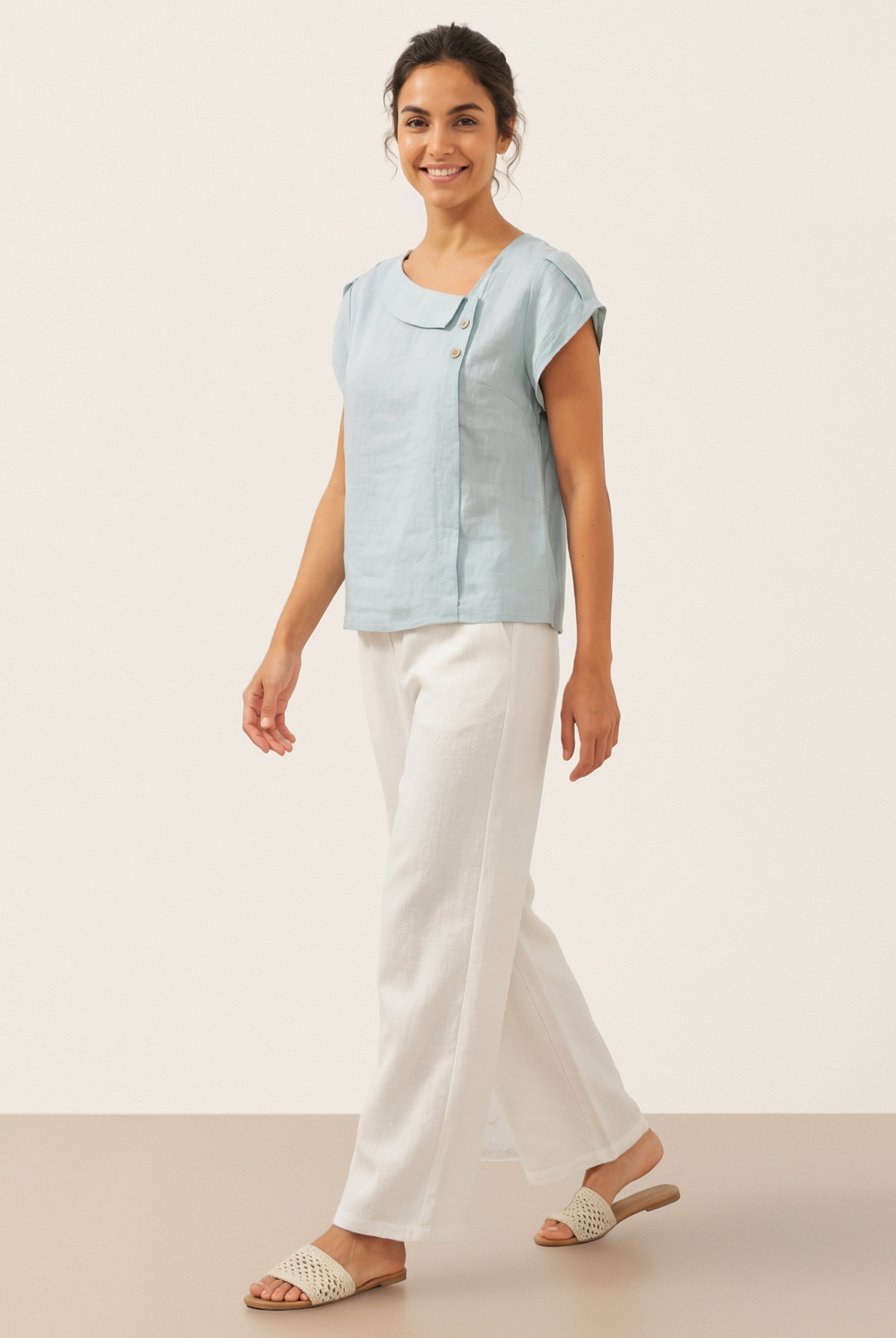 100% Linen Crescent Collar Flutter Sleeve Top FARA by LINTICO for women