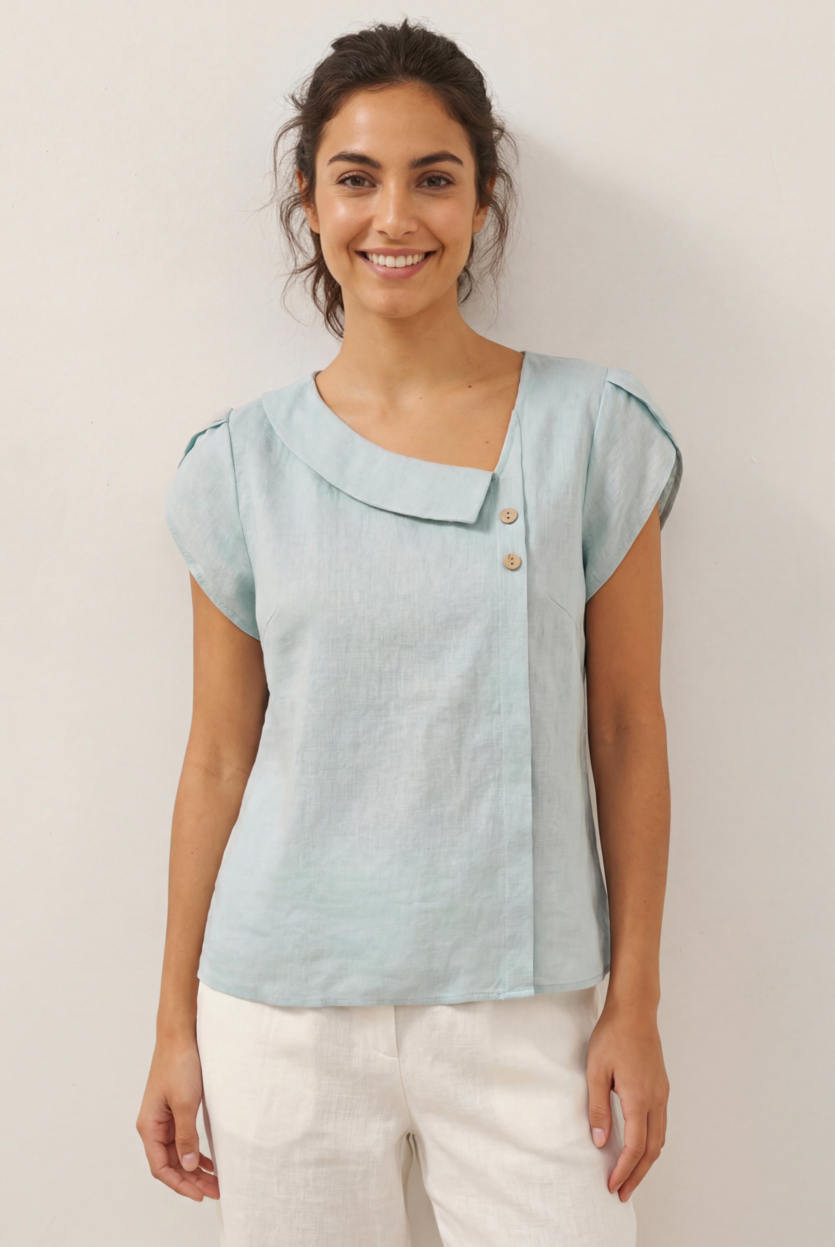 100% Linen Crescent Collar Flutter Sleeve Top FARA by LINTICO for women