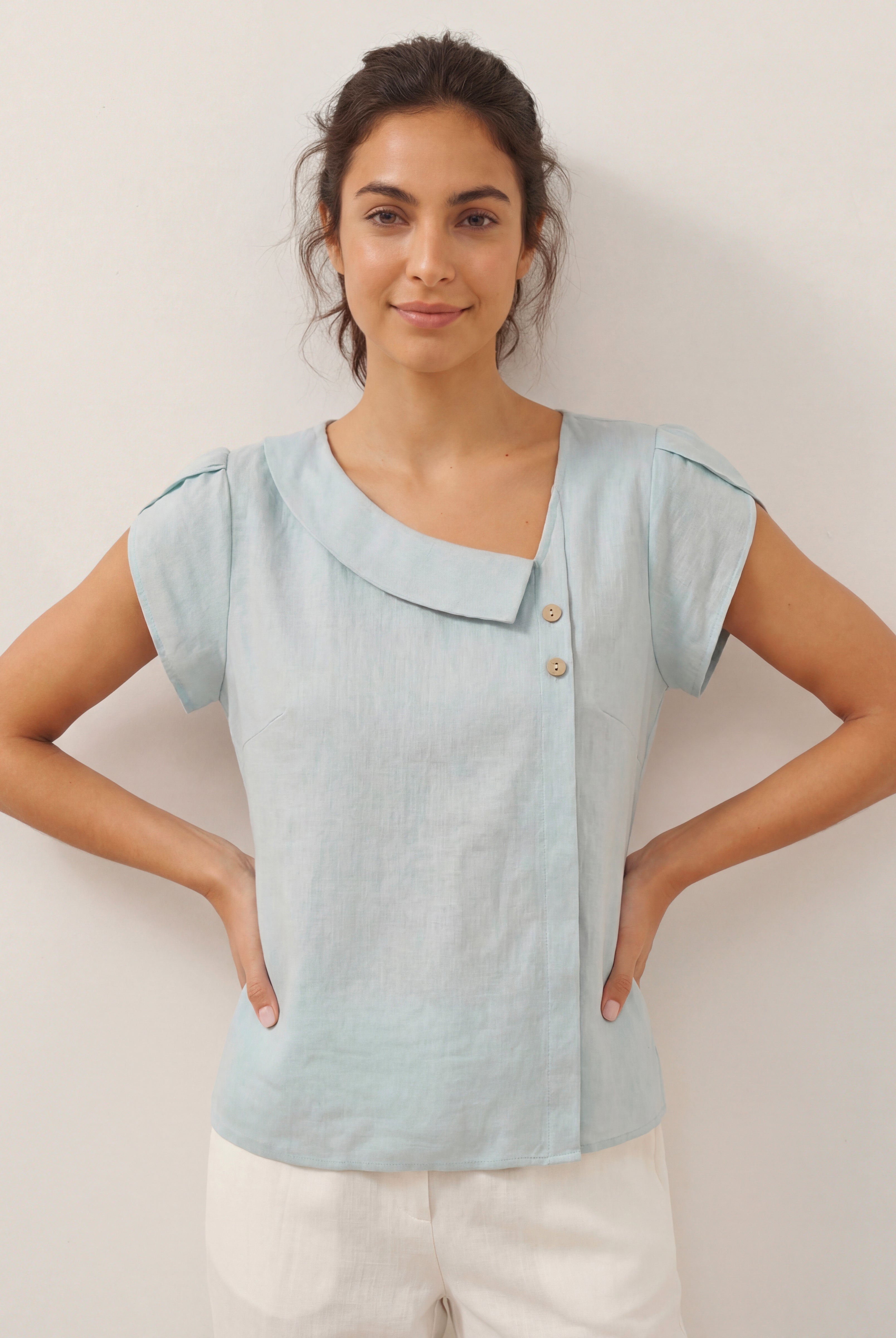 100% Linen Crescent Collar Flutter Sleeve Top FARA by LINTICO for women
