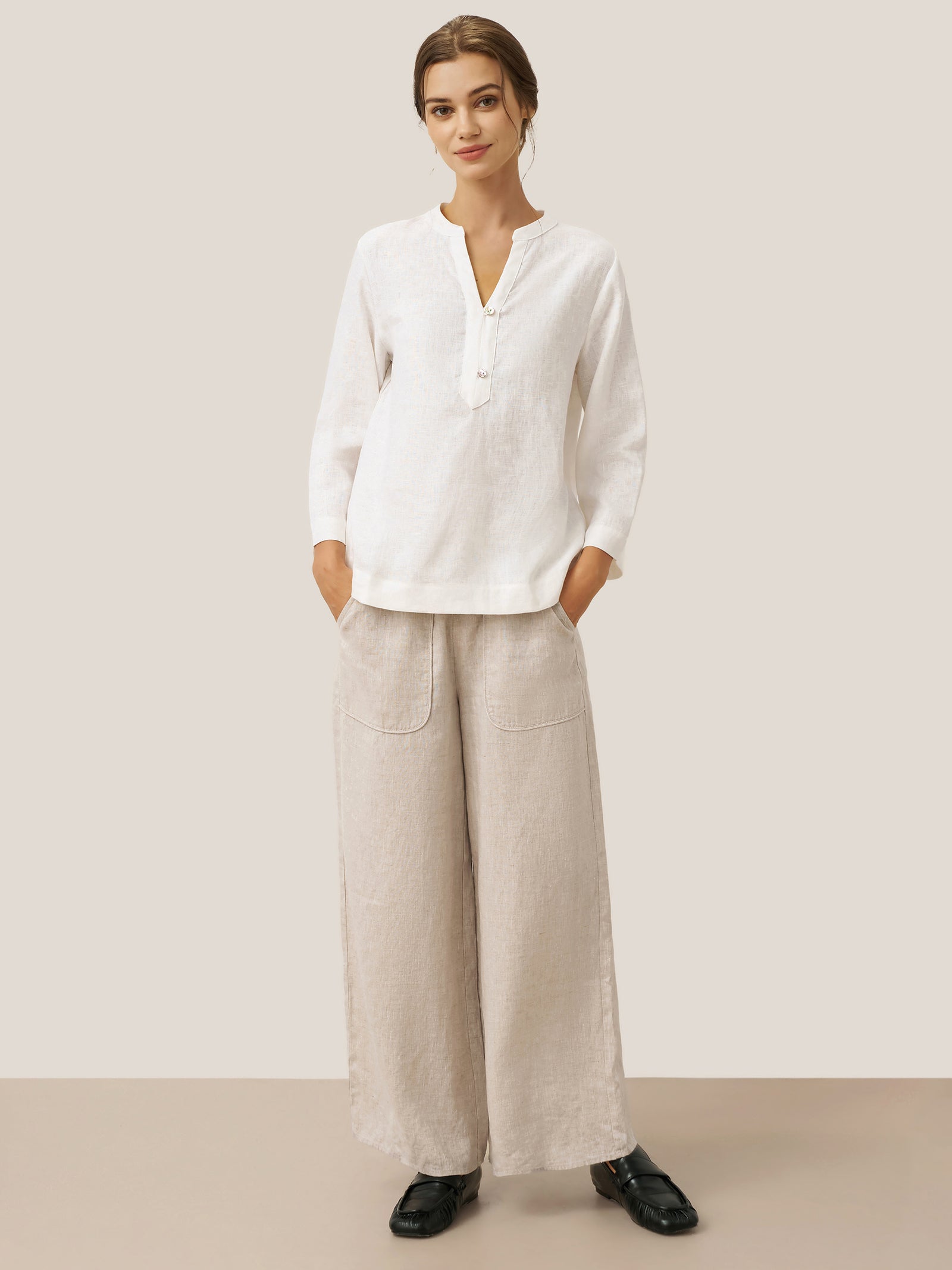 100% Linen Deep V-Neck Pullover with Button-Trim JOLYNE by LINTICO for women