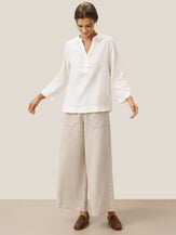 100% Linen Deep V-Neck Pullover with Button-Trim JOLYNE by LINTICO for women