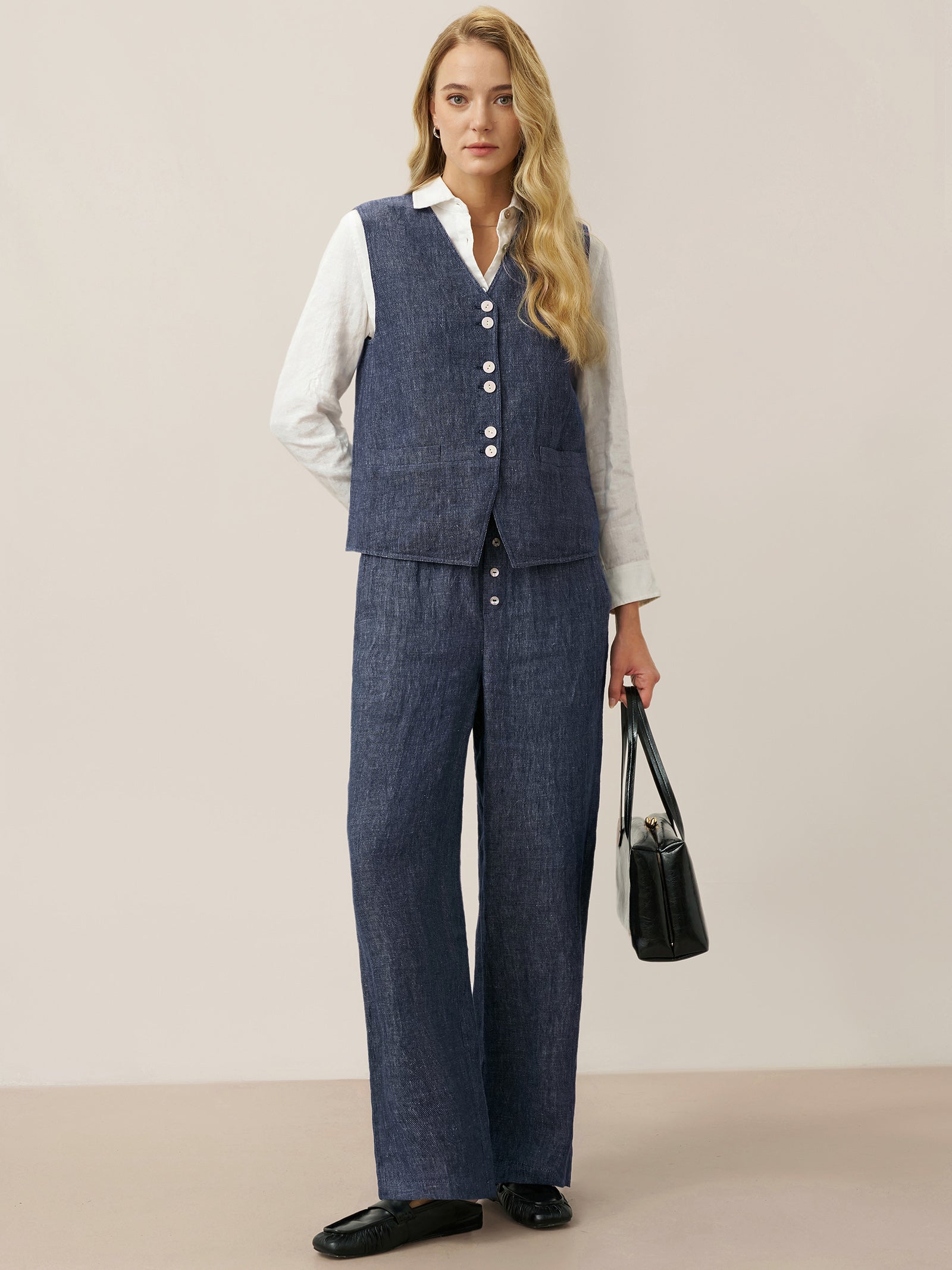 100% Linen Denim Texture Elastic Waist Straight Leg Pants HAZEL by LINTICO, fabric detail for women
