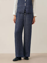100% Linen Denim Texture Elastic Waist Straight Leg Pants HAZEL by LINTICO, fabric detail for women