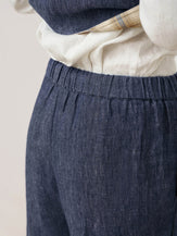 100% Linen Denim Texture Elastic Waist Straight Leg Pants HAZEL by LINTICO, fabric detail for women