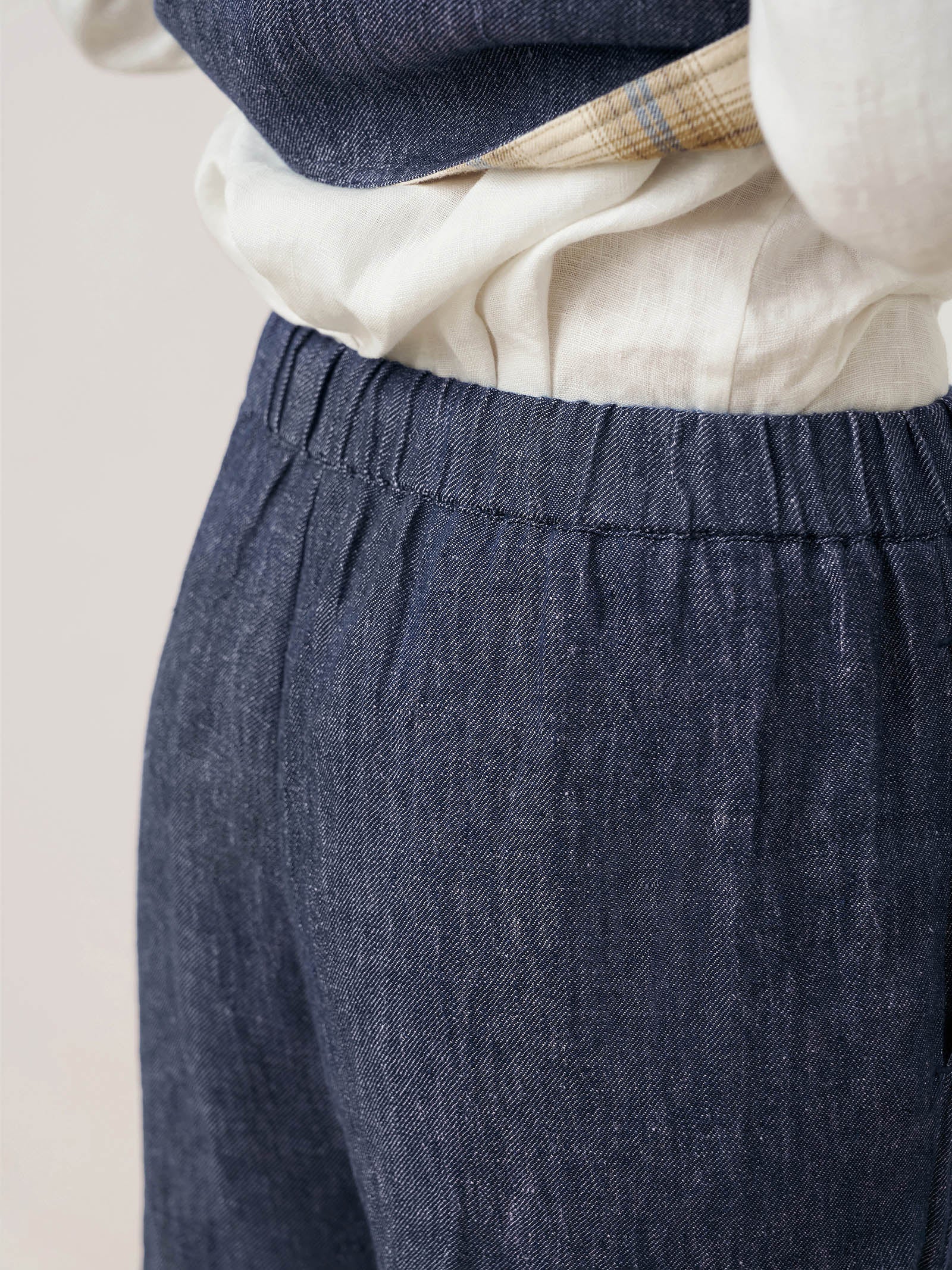 100% Linen Denim Texture Elastic Waist Straight Leg Pants HAZEL by LINTICO, fabric detail for women