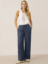 100% Linen Denim Texture Elastic Waist Straight Leg Pants HAZEL by LINTICO, fabric detail for women