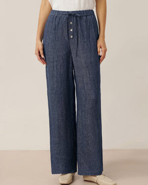 100% Linen Denim Texture Elastic Waist Straight Leg Pants HAZEL by LINTICO, fabric detail for women