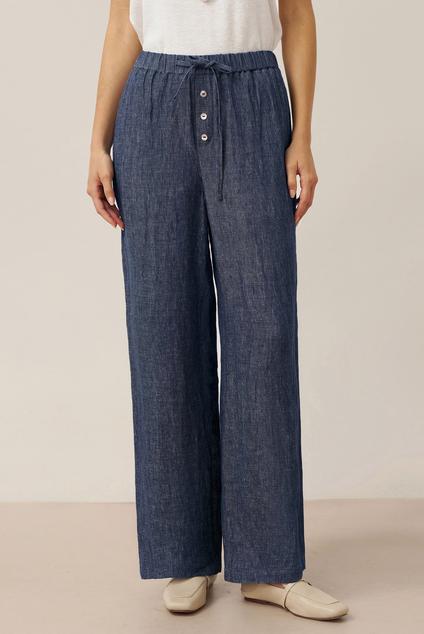 100% Linen Denim Texture Elastic Waist Straight Leg Pants HAZEL by LINTICO, fabric detail for women