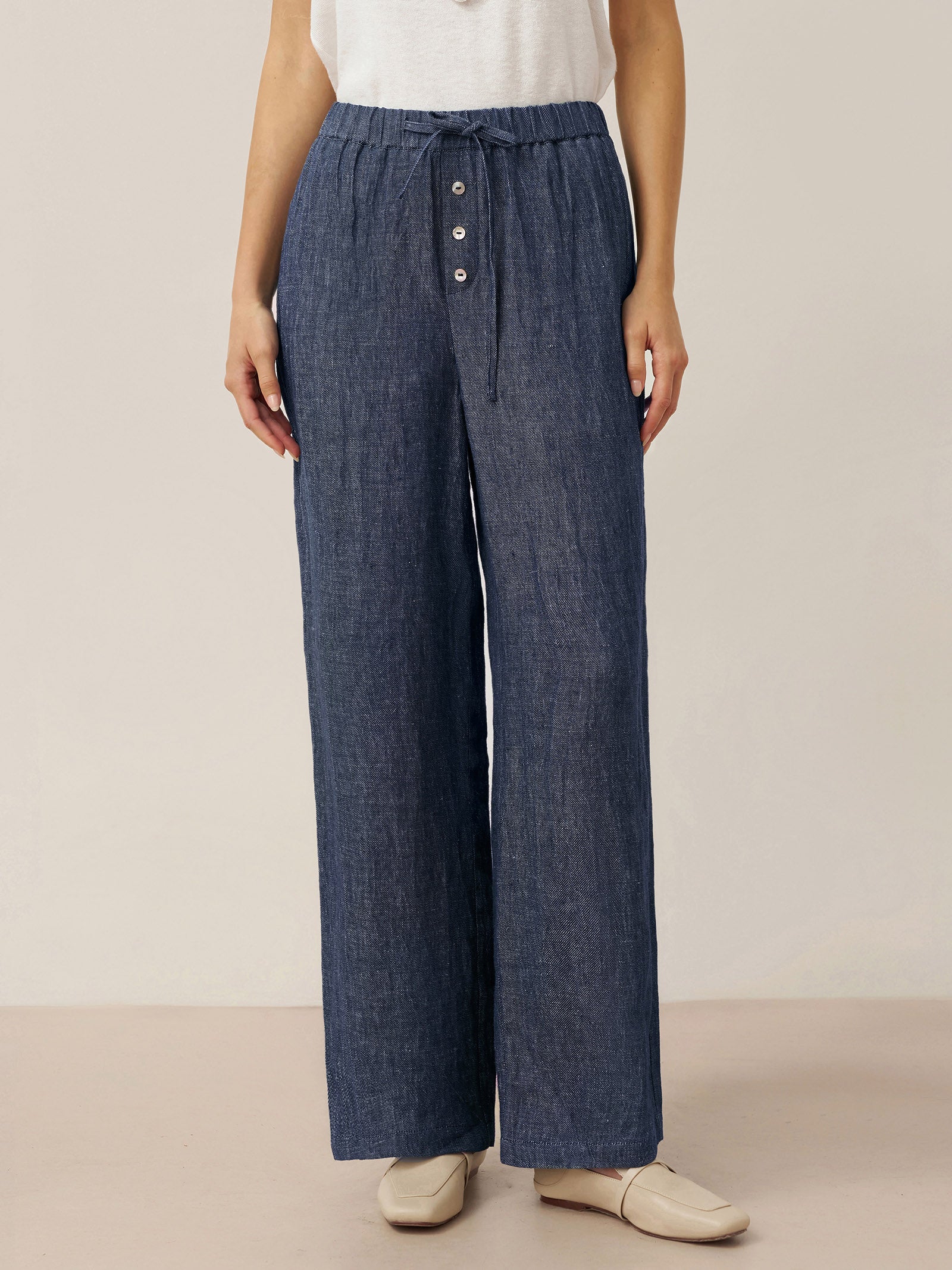 100% Linen Denim Texture Elastic Waist Straight Leg Pants HAZEL by LINTICO, fabric detail for women