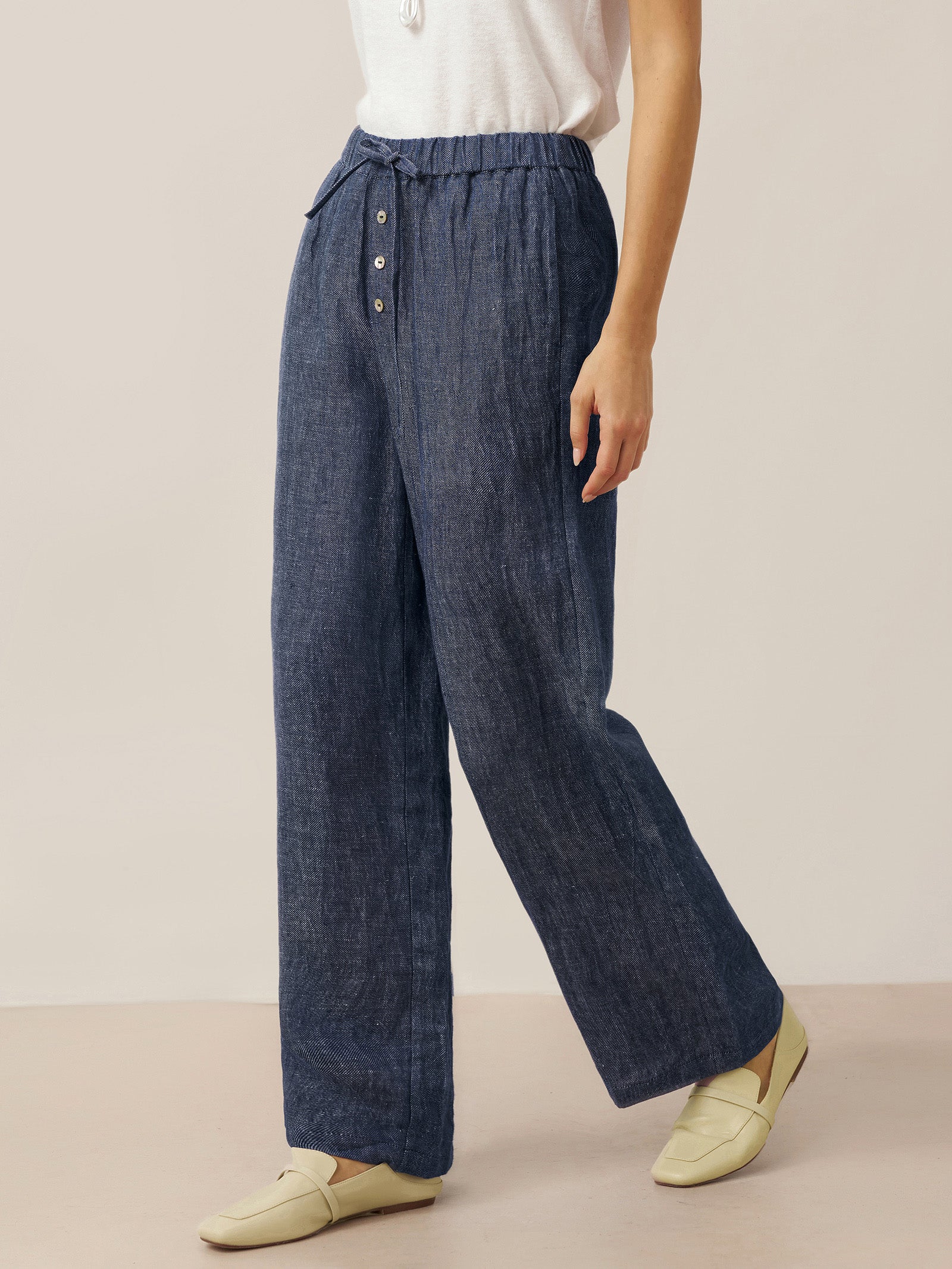 100% Linen Denim Texture Elastic Waist Straight Leg Pants HAZEL by LINTICO, fabric detail for women