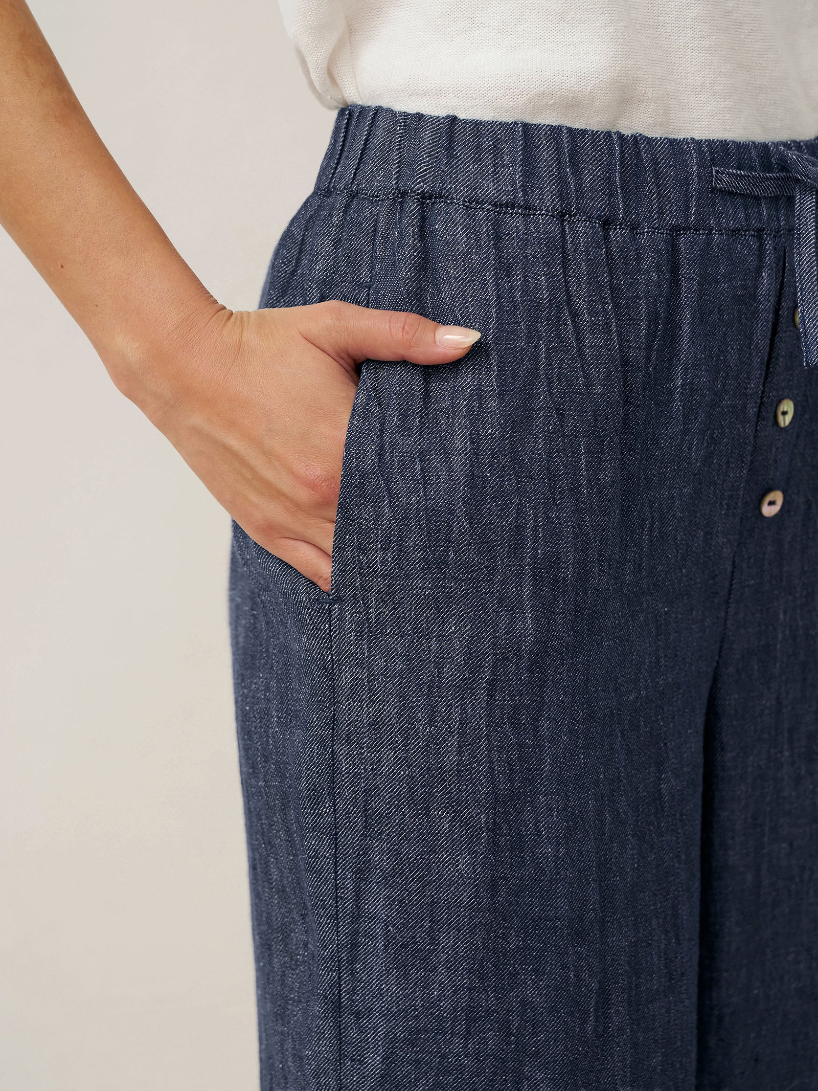 100% Linen Denim Texture Elastic Waist Straight Leg Pants HAZEL by LINTICO, fabric detail for women