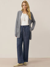100% Linen Denim Texture Elastic Waist Straight Leg Pants HAZEL by LINTICO, fabric detail for women