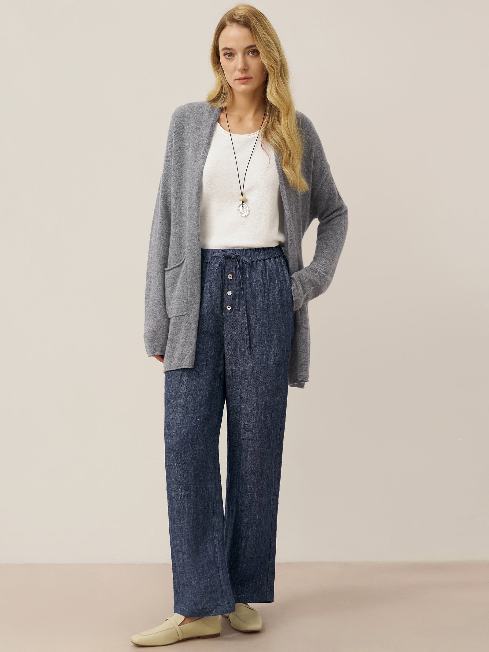 100% Linen Denim Texture Elastic Waist Straight Leg Pants HAZEL by LINTICO, fabric detail for women