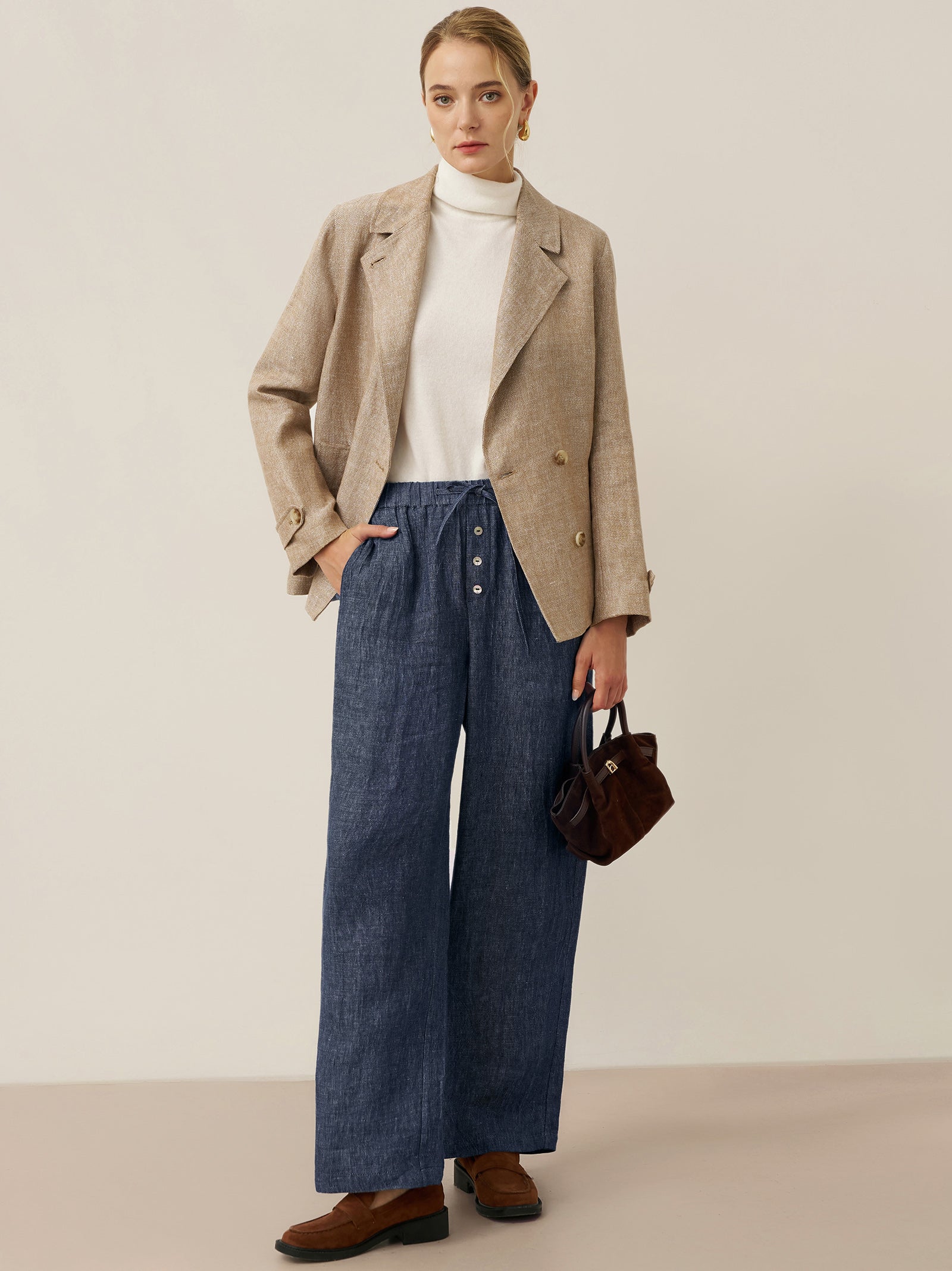 100% Linen Denim Texture Elastic Waist Straight Leg Pants HAZEL by LINTICO, fabric detail for women