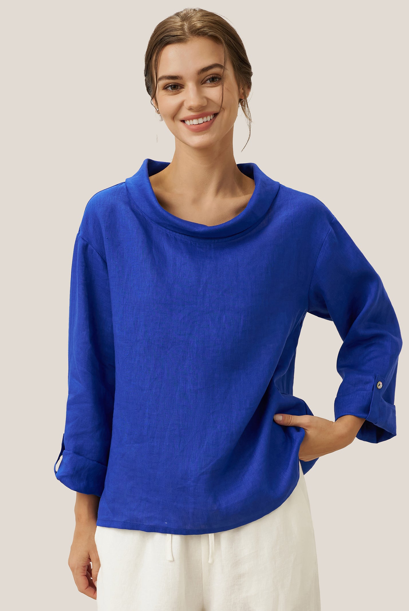 100% Linen Draped Neck Top HOLLIS by LINTICO for women