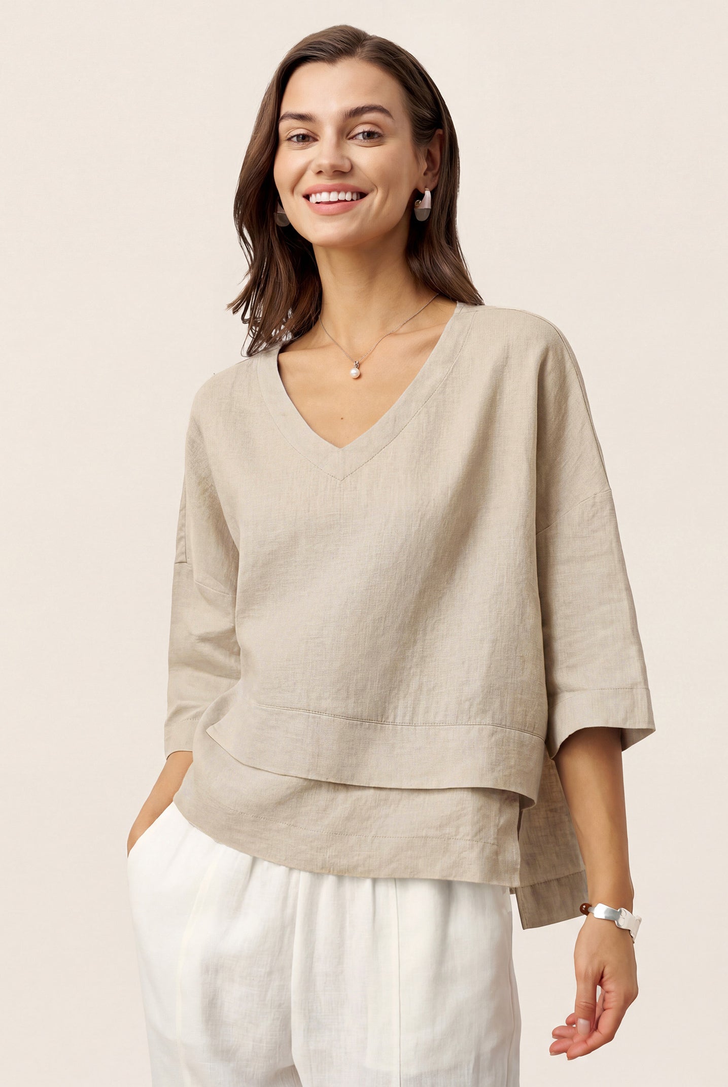 Natural Melange 100% Linen Drop Shoulder Asymmetric Layered Hem Overtop VIOLA by LINTICO
