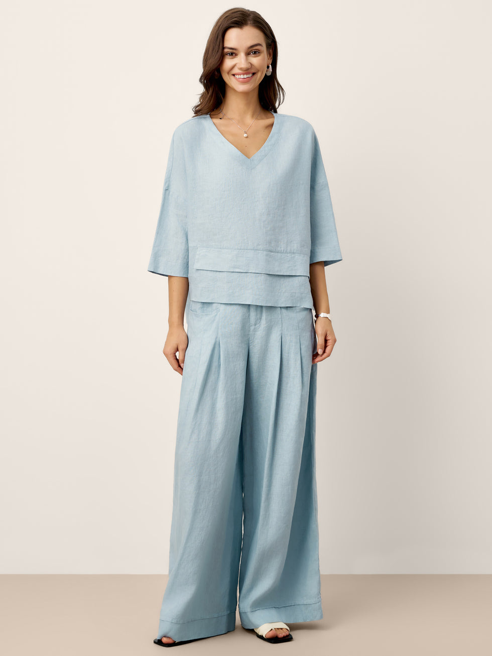 100% Linen Drop Shoulder Asymmetric Layered Hem Overtop VIOLA by LINTICO for women