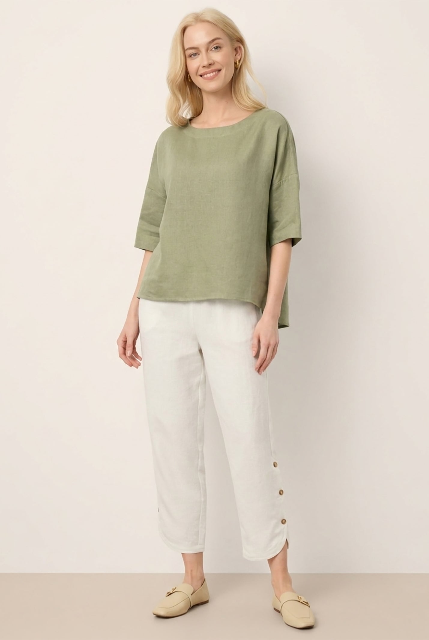 100% Linen Drop Shoulder Shirred Back High-Low Hem Top LINDSEY by LINTICO for women