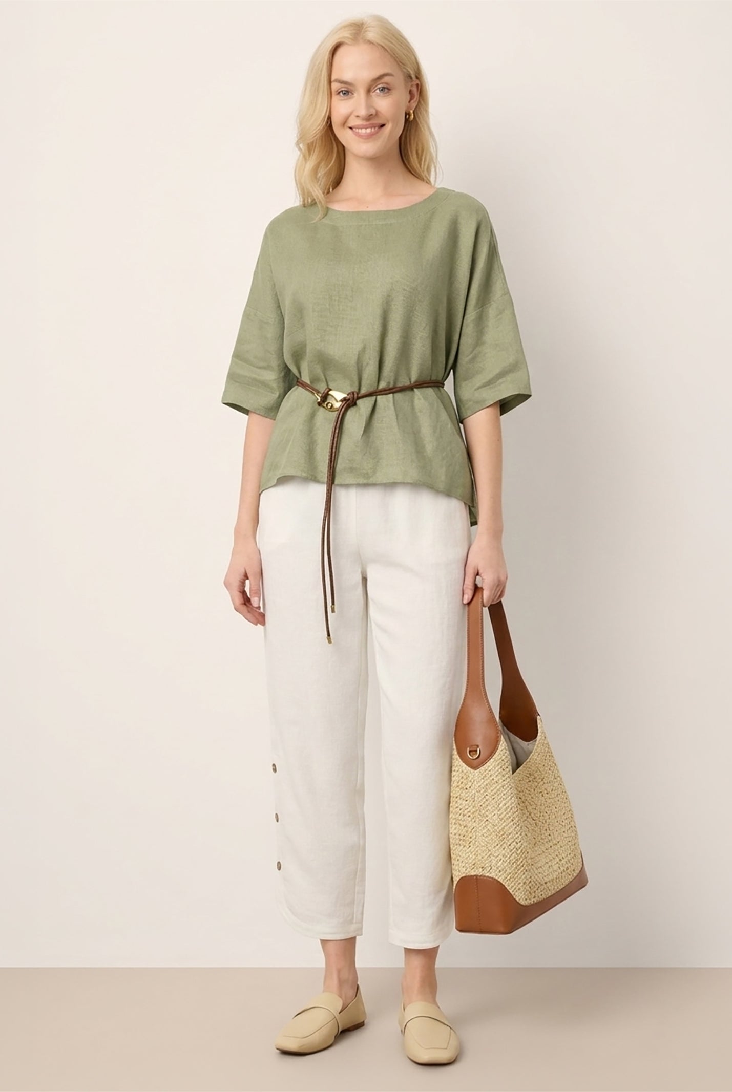 100% Linen Drop Shoulder Shirred Back High-Low Hem Top LINDSEY by LINTICO for women