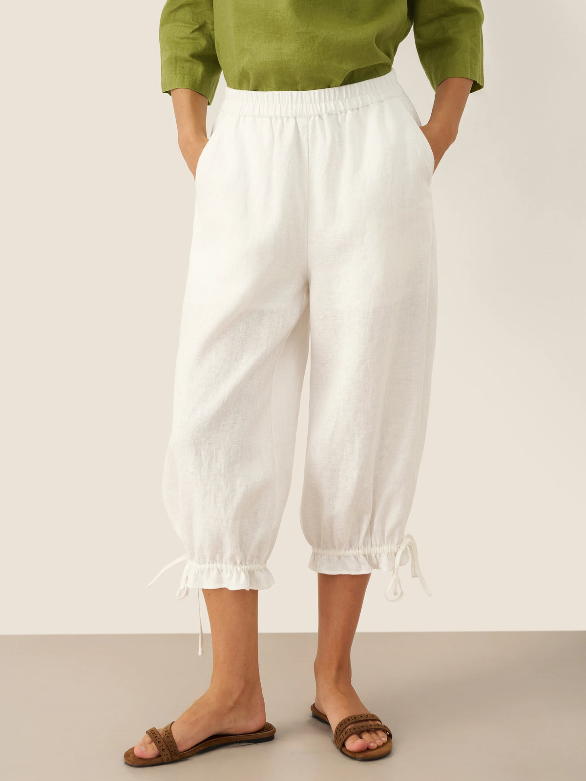 100% Linen Elastic Waist Ruffled Cuff Pants RUBY by LINTICO for women