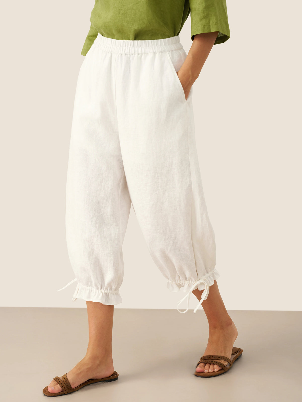 100% Linen Elastic Waist Ruffled Cuff Pants RUBY by LINTICO for women