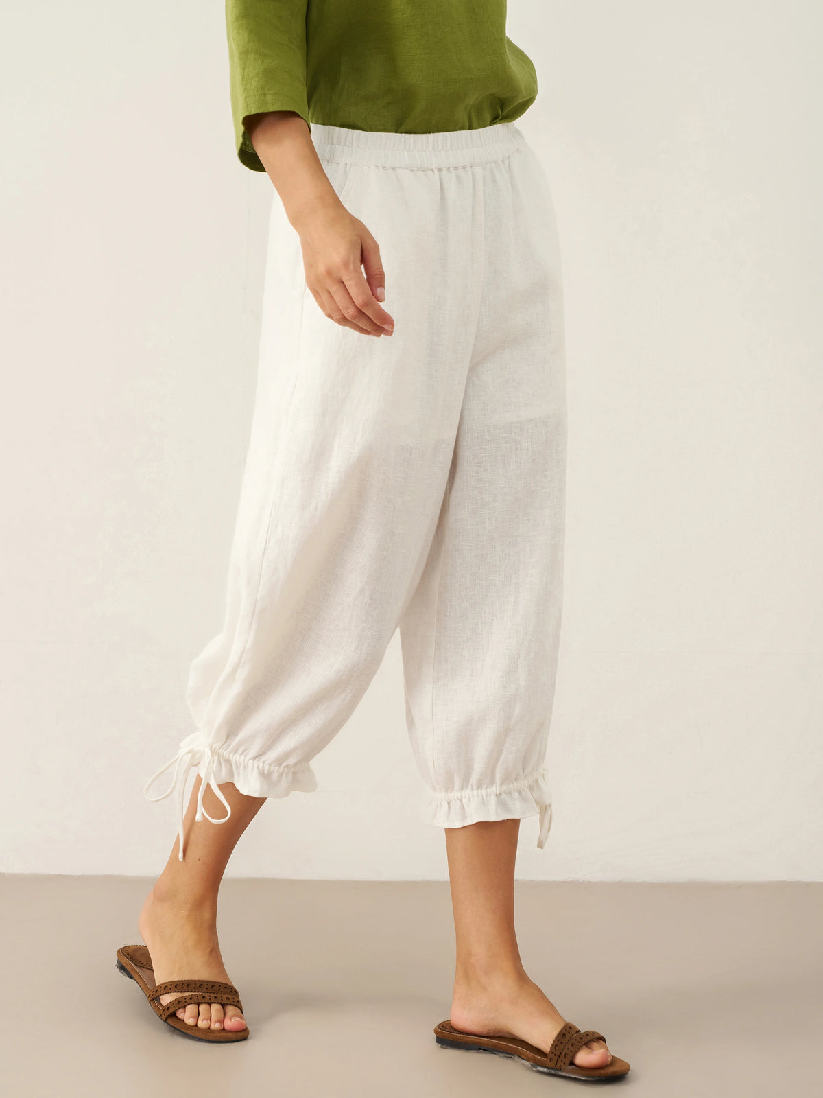 100% Linen Elastic Waist Ruffled Cuff Pants RUBY by LINTICO for women
