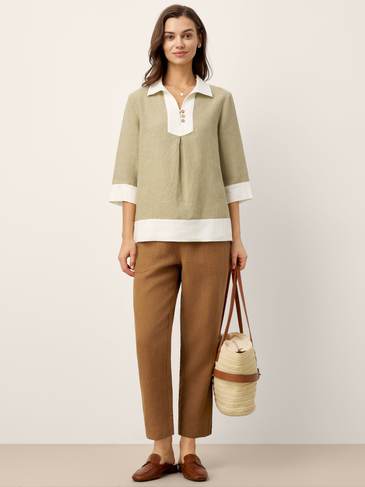 100% Linen Elasticated Waist Ankle Pants GWEN by LINTICO for women
