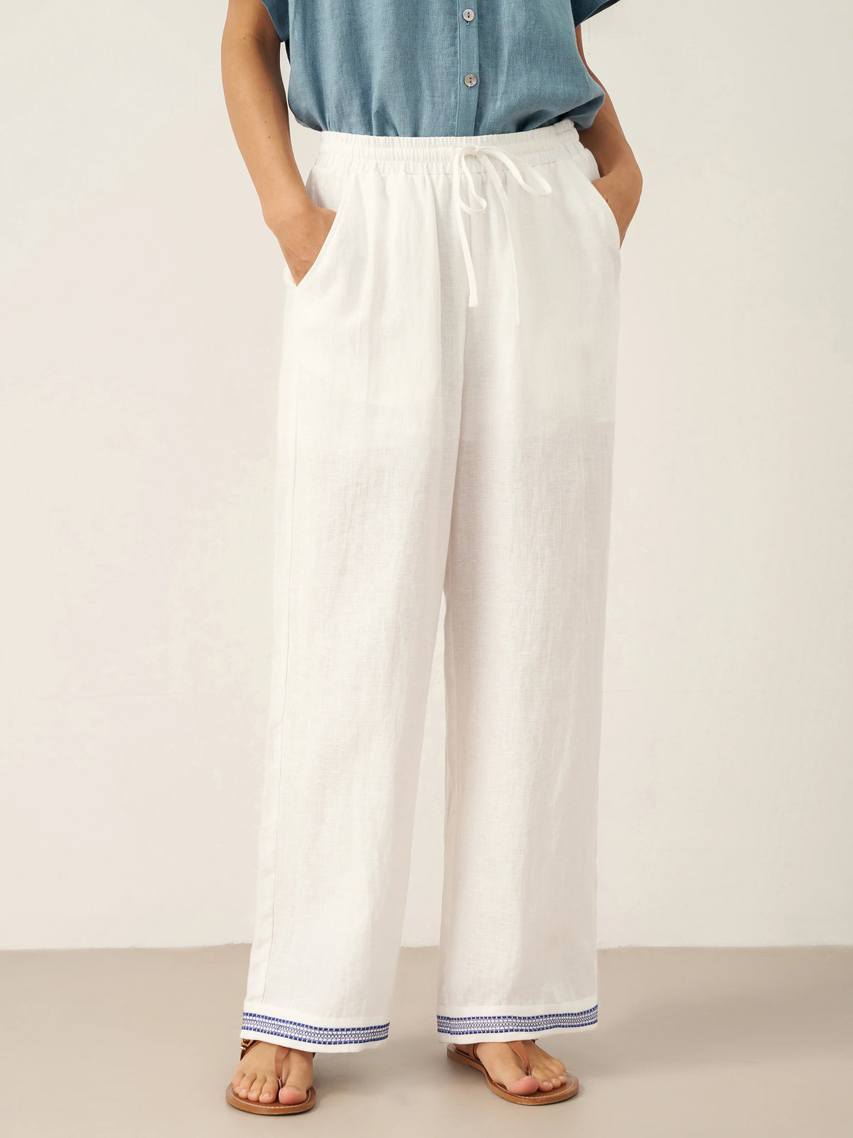 100% Linen Embroidered Elastic Waist Pants FENE by LINTICO for women