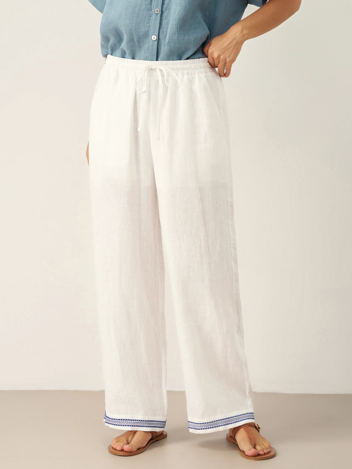 100% Linen Embroidered Elastic Waist Pants FENE by LINTICO for women