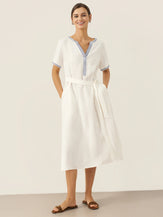 100% Linen Embroidered V-Neck Midi Dress with Belt FELLIS by LINTICO for women