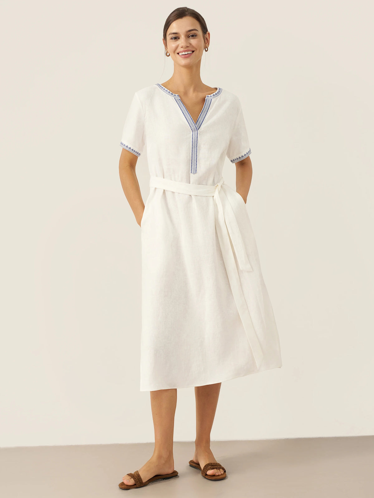 100% Linen Embroidered V-Neck Midi Dress with Belt FELLIS by LINTICO for women