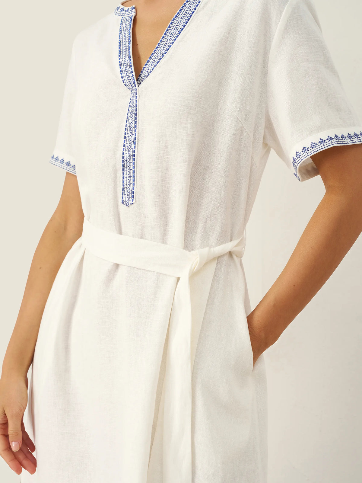 100% Linen Embroidered V-Neck Midi Dress with Belt FELLIS by LINTICO for women