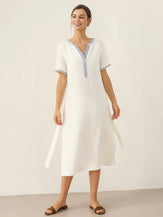 100% Linen Embroidered V-Neck Midi Dress with Belt FELLIS by LINTICO for women