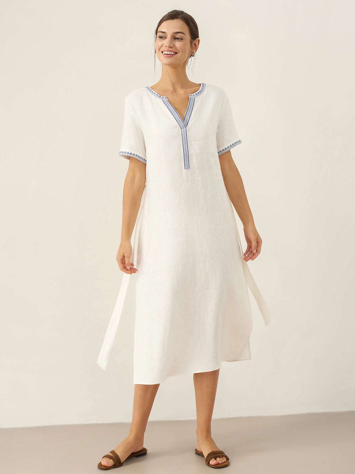 100% Linen Embroidered V-Neck Midi Dress with Belt FELLIS by LINTICO for women
