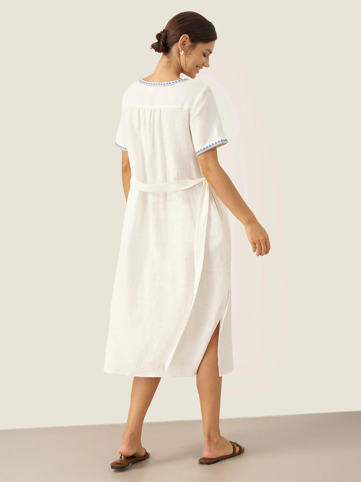 100% Linen Embroidered V-Neck Midi Dress with Belt FELLIS by LINTICO for women