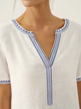 100% Linen Embroidered V-Neck Midi Dress with Belt FELLIS by LINTICO for women