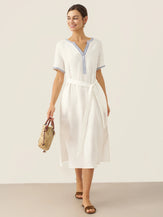 100% Linen Embroidered V-Neck Midi Dress with Belt FELLIS by LINTICO for women