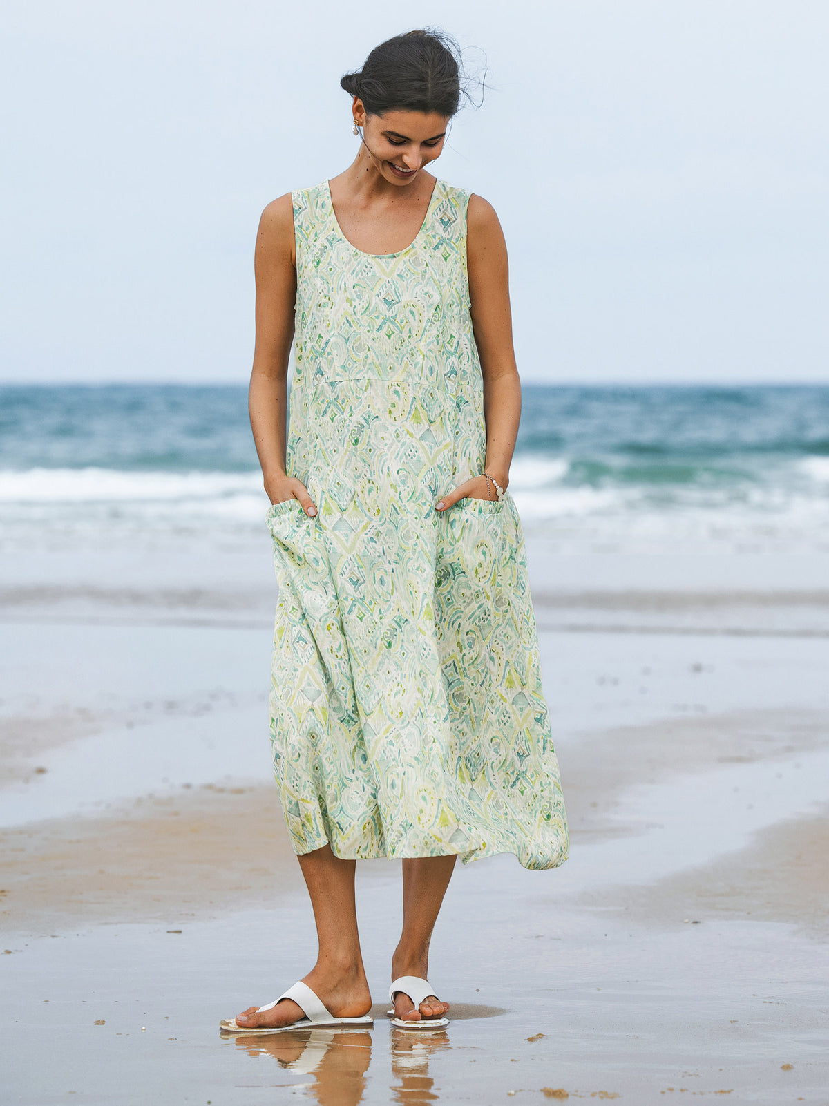 100% Linen Floral Swing Beach Tank Dress LORRAINE by LINTICO for women