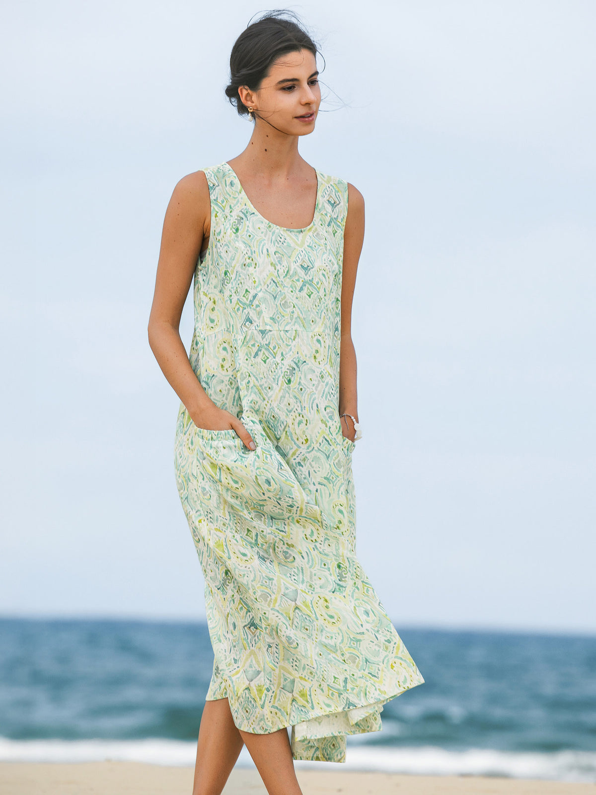 100% Linen Floral Swing Beach Tank Dress LORRAINE by LINTICO for women