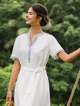 100% Linen Embroidered V-Neck Midi Dress with Belt FELLIS by LINTICO for women
