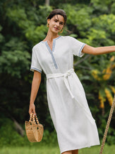 100% Linen Embroidered V-Neck Midi Dress with Belt FELLIS by LINTICO for women