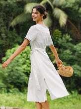 100% Linen Embroidered V-Neck Midi Dress with Belt FELLIS by LINTICO for women