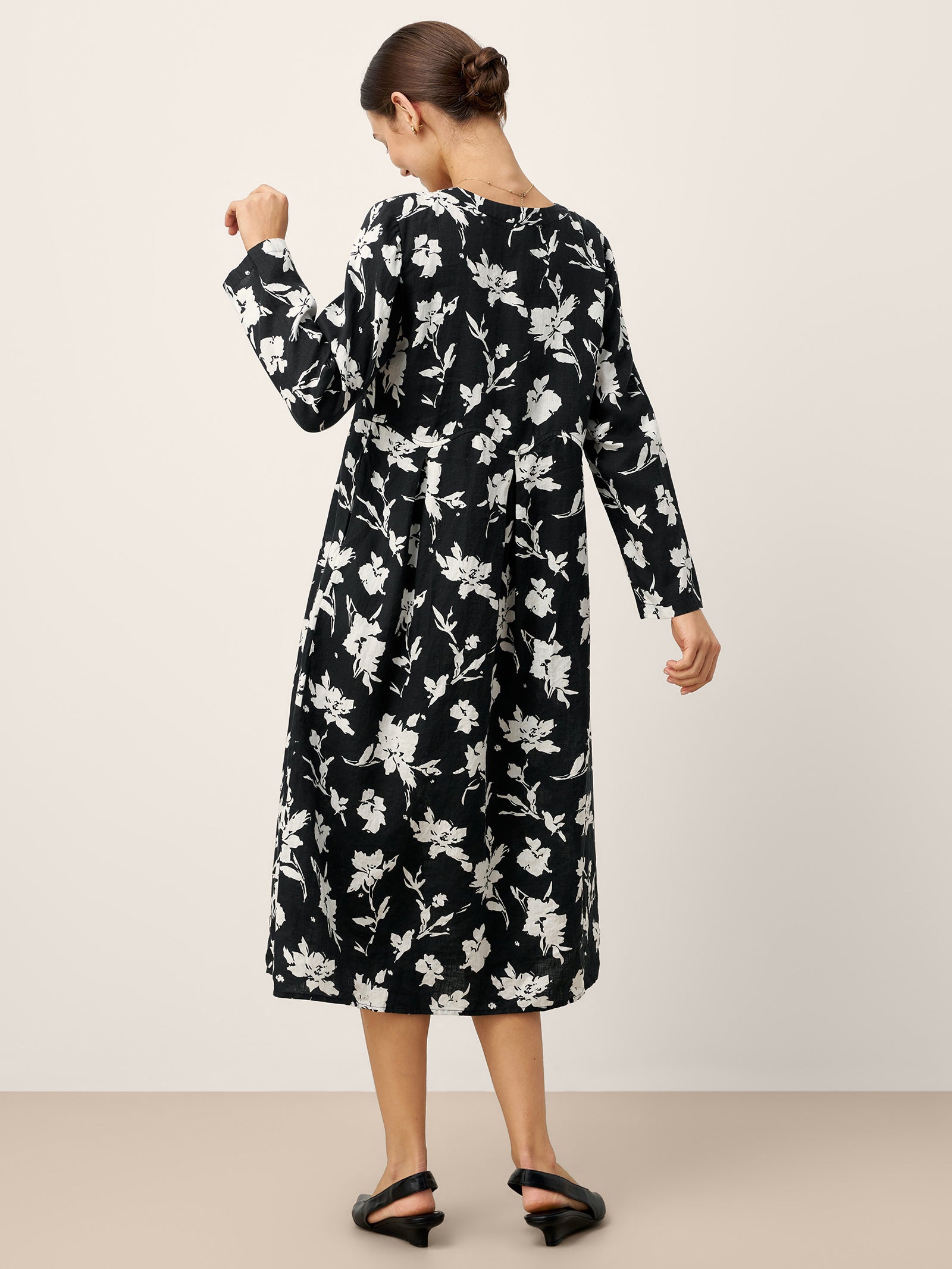 100% Linen Floral Printed Gathered Midi Dress ELODIE by LINTICO for women