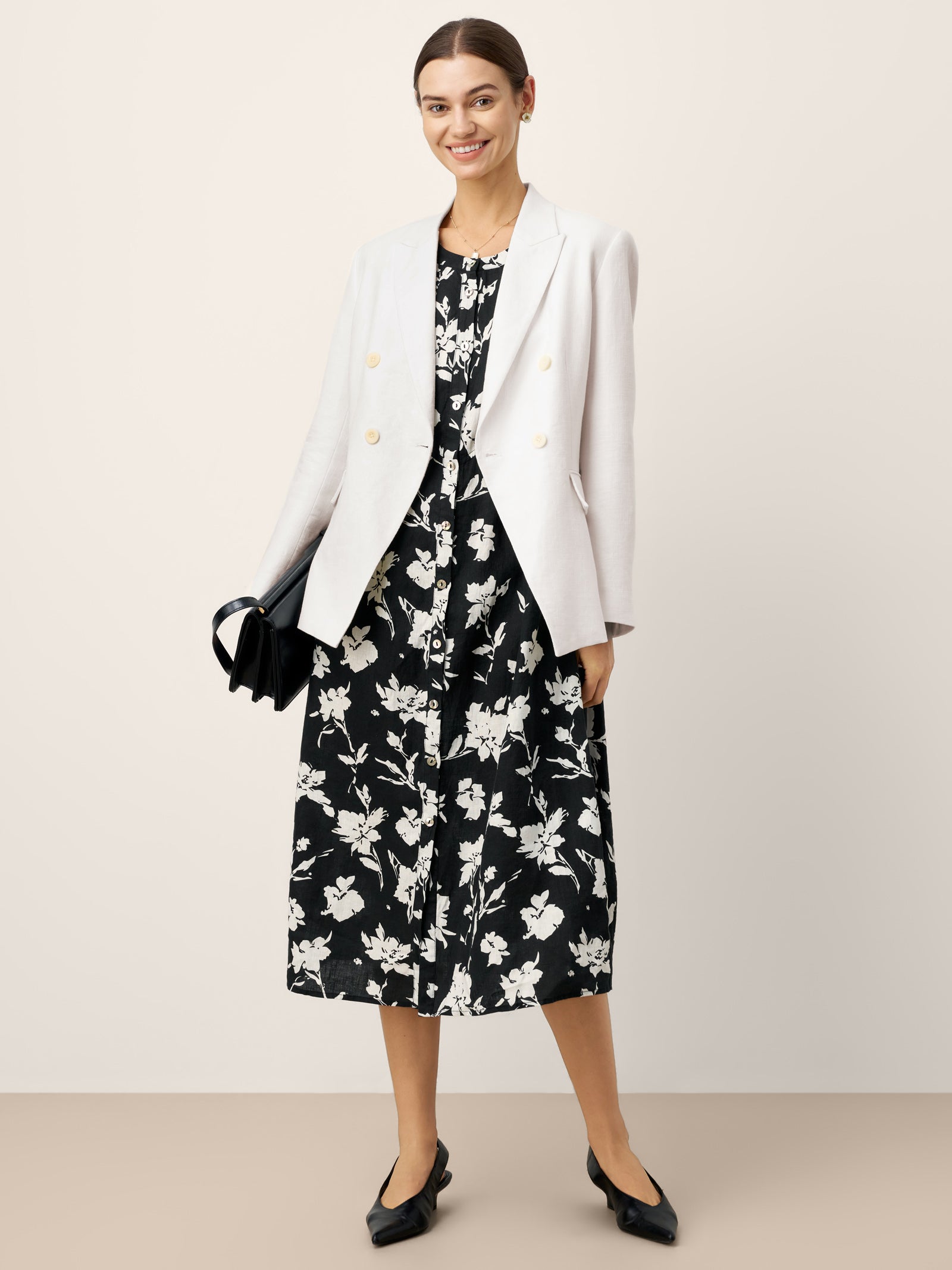 100% Linen Floral Printed Gathered Midi Dress ELODIE by LINTICO for women